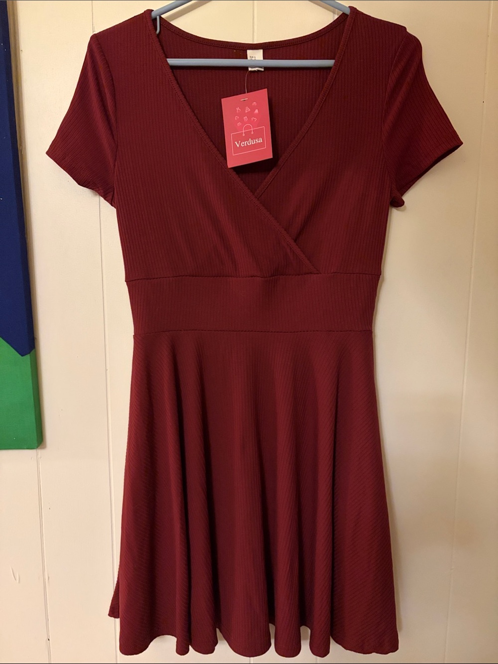 Verdusa Burgundy V‑Wrap Skater Mini Dress